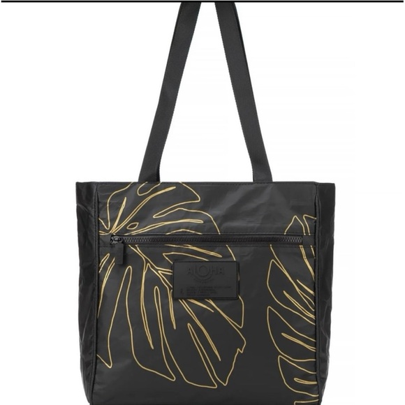 ALOHA Black Tote Bag with Yellow Leaf Design - Picture 2 of 10